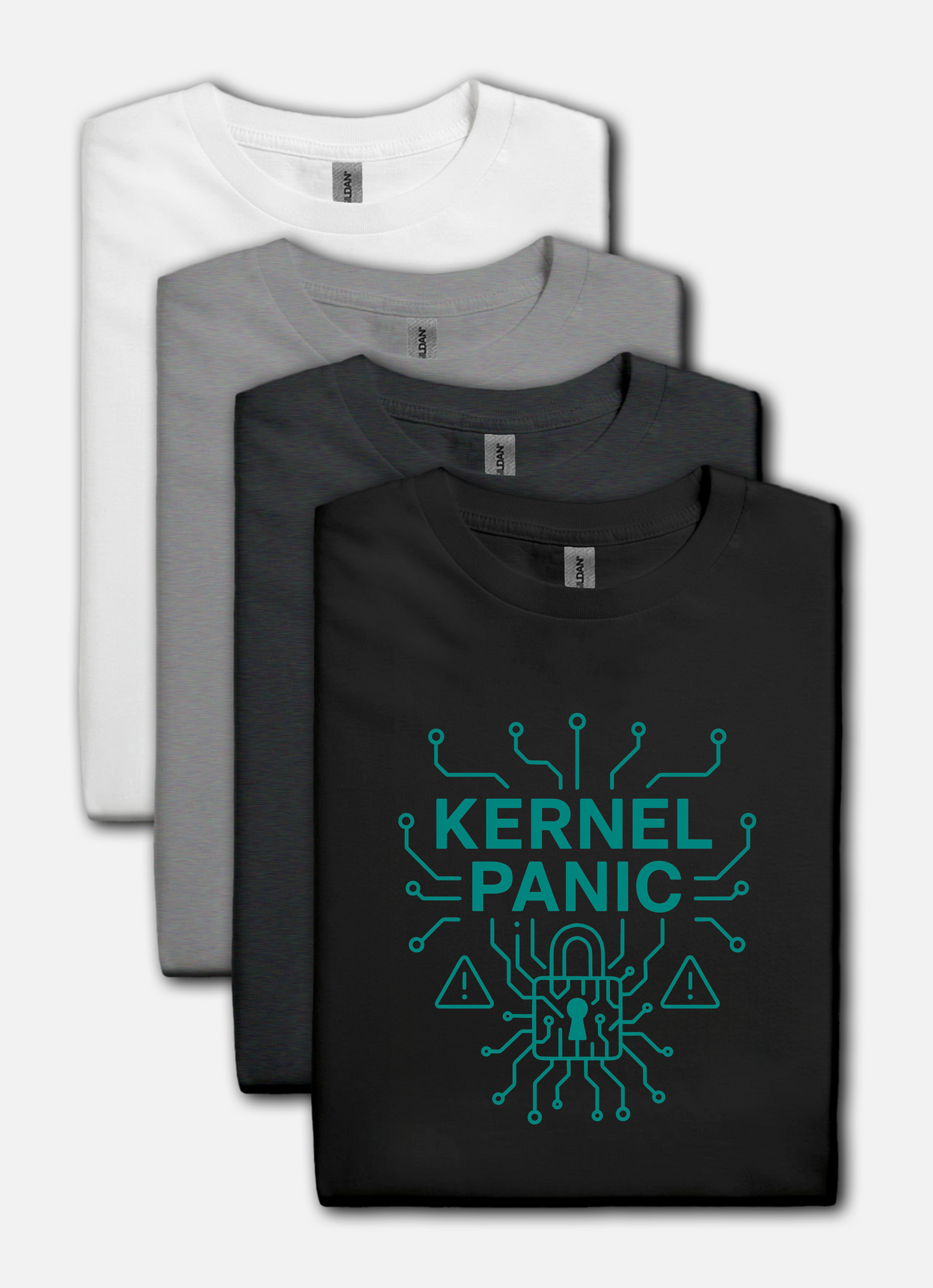 Four folded t-shirts in white, gray, and black with a 'Kernel Panic' design on a white background.