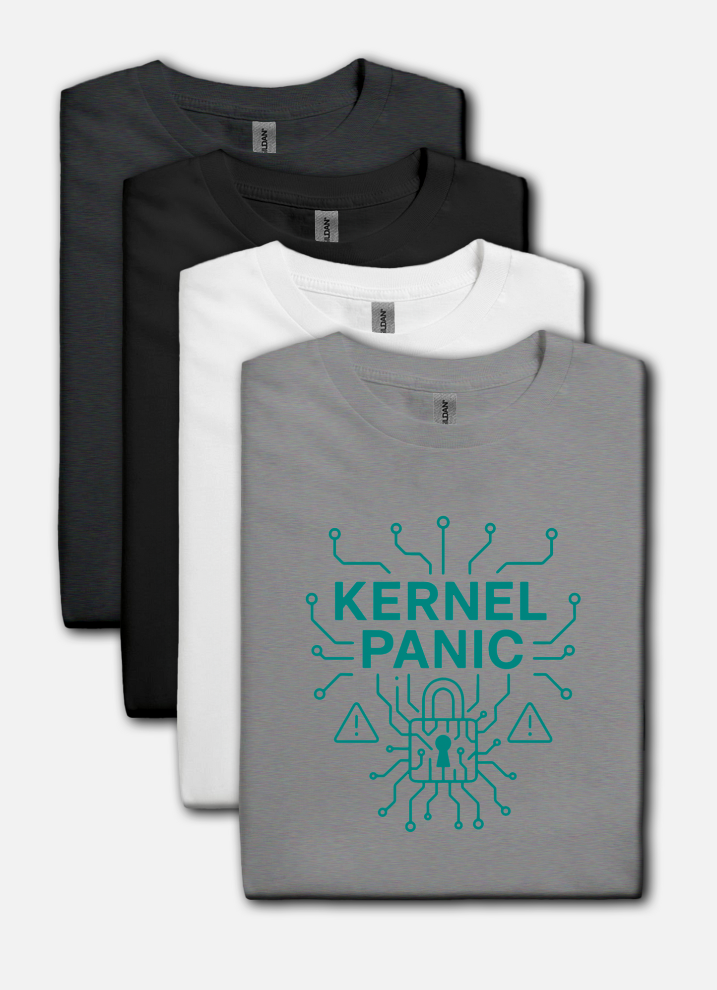Gray t-shirt with 'Kernel Panic' design, black and white t-shirts in the background