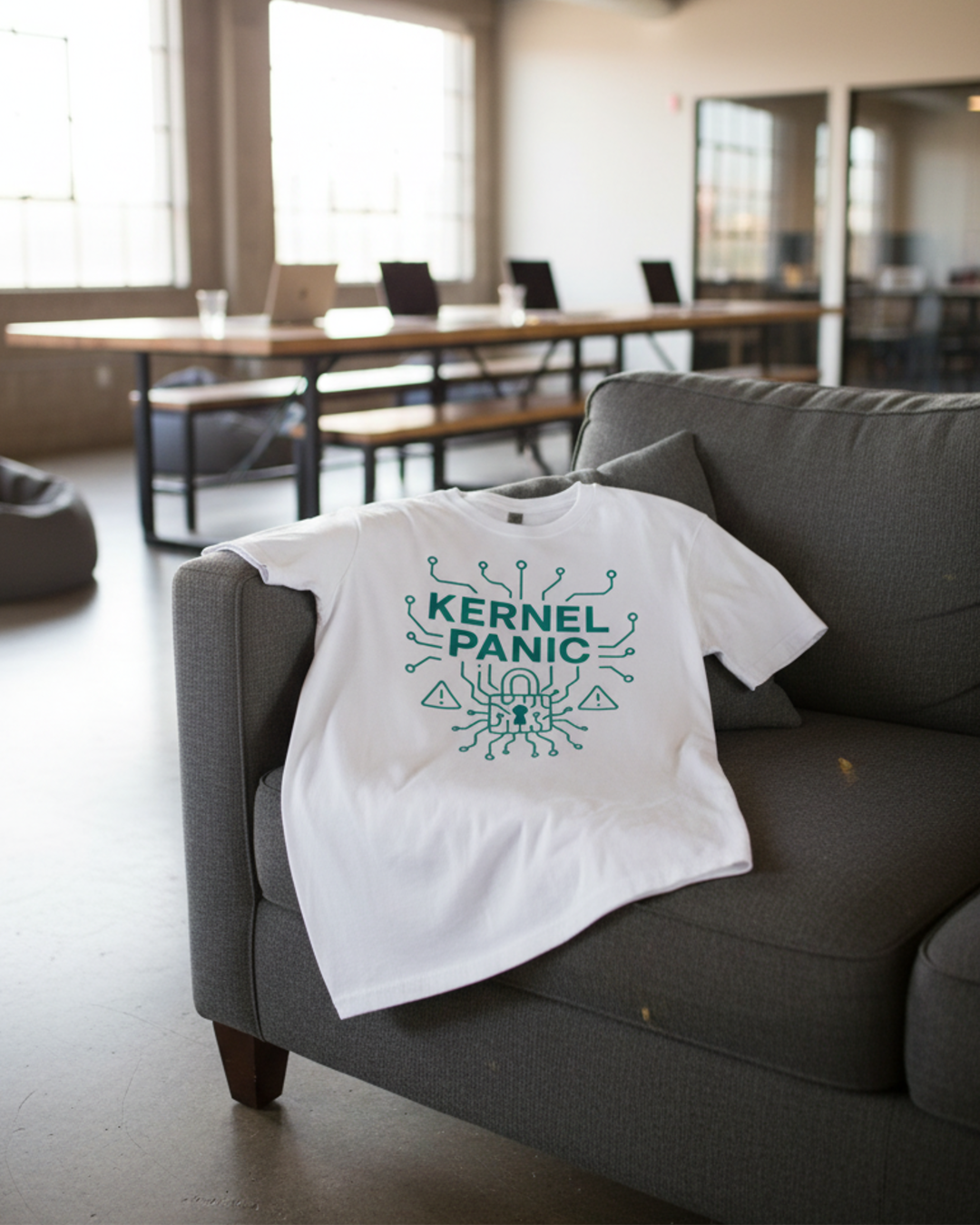White t-shirt with green text and graphics on a gray couch in a room with tables and chairs.