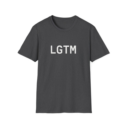 Black t-shirt with 'LGTM' text on a white background