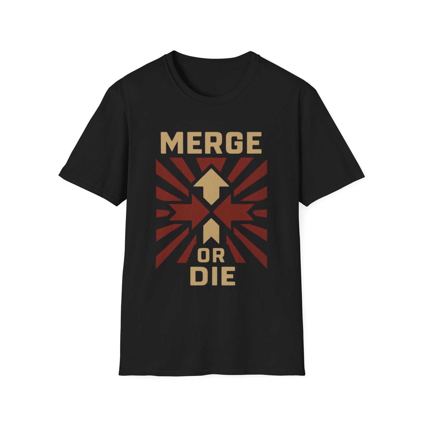 Black t-shirt with 'Merge or Die' graphic design on a white background
