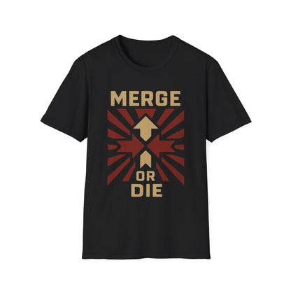 Black t-shirt with 'Merge or Die' graphic design on a white background