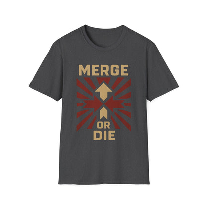 Dark gray t-shirt with 'Merge or Die' graphic design on a white background
