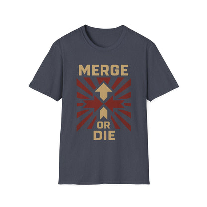Heather navy t-shirt with 'Merge or Die' graphic design on a white background