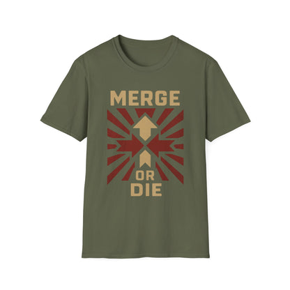 Green t-shirt with 'Merge or Die' graphic design on a white background