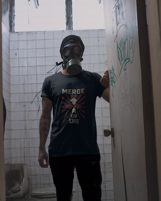 Person wearing a gas mask and black t-shirt with text in a dilapidated room.