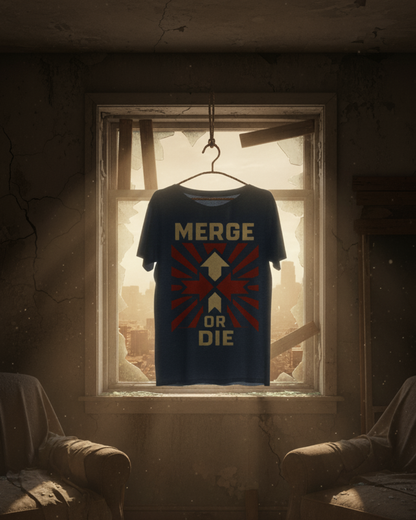 T-shirt with 'Merge or Die' design hanging in a window with a dystopian view.