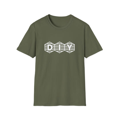 Military green t-shirt with print showing “DIY” inside three hex-shaped badges with horizontal stripes; clean retro maker logo.
