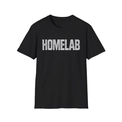 Black t-shirt laid flat featuring a bold white “HOMELAB” wordmark with horizontal stripe/scanline effect; retro computer aesthetic with soft natural shadows.