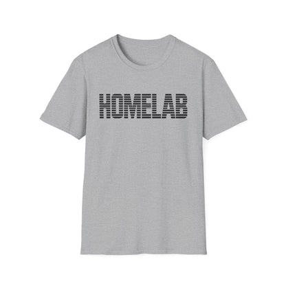 Sport gray t-shirt laid flat featuring a bold black “HOMELAB” wordmark with horizontal stripe/scanline effect; retro computer aesthetic with soft natural shadows.