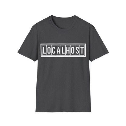 Dark heather tshirt with a white LOCALHOST box-logo styled like a vintage industrial label.