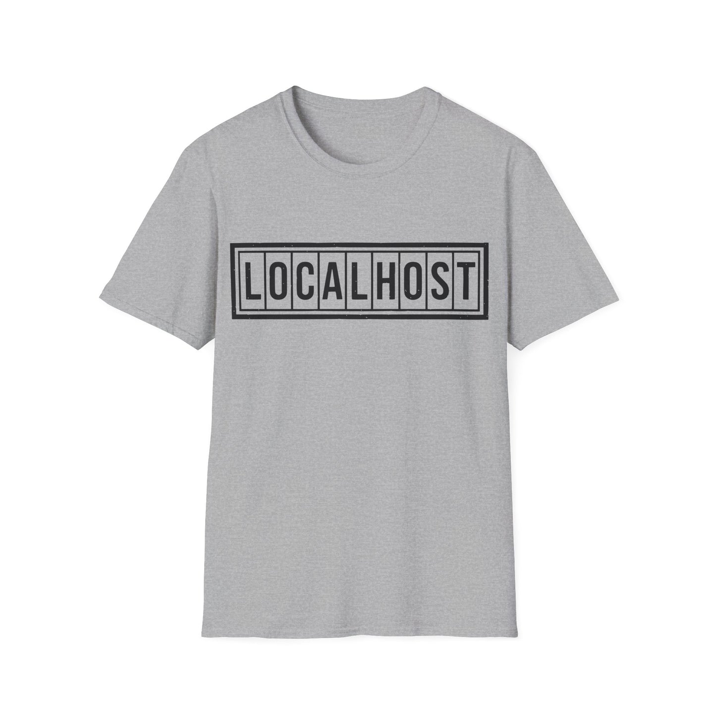 Sport gray tshirt with a black LOCALHOST box-logo styled like a vintage industrial label.