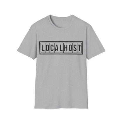 Sport gray tshirt with a black LOCALHOST box-logo styled like a vintage industrial label.