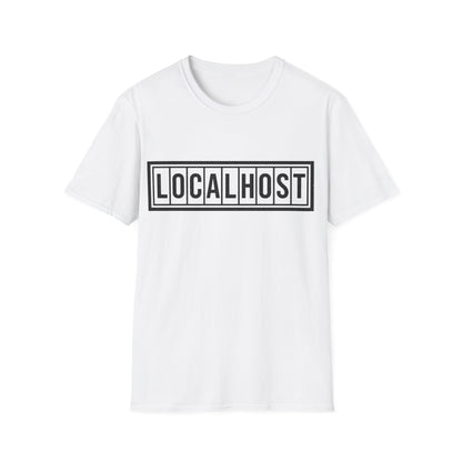 White tshirt with a black LOCALHOST box-logo styled like a vintage industrial label.