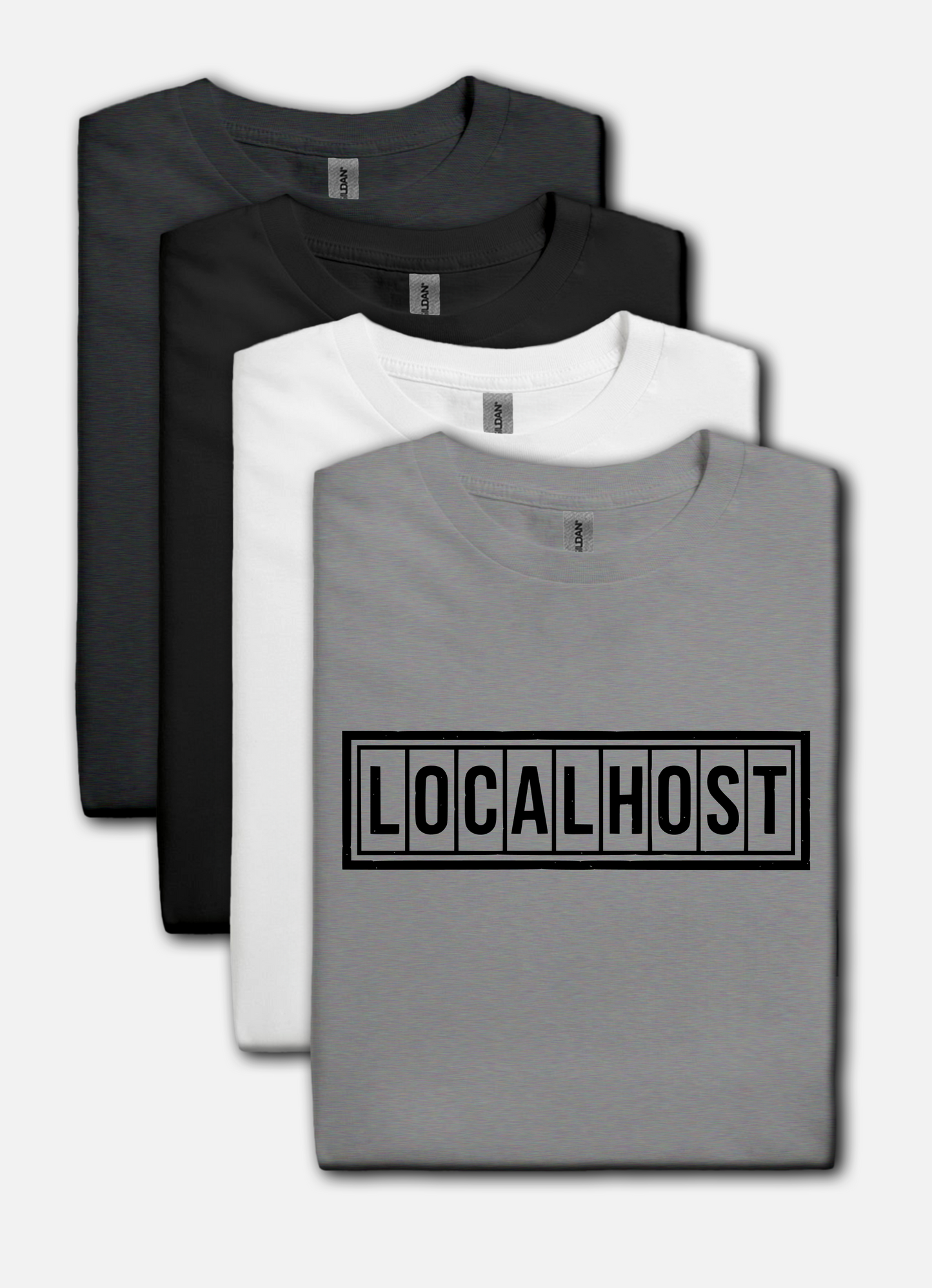 Sport gray tshirt with a black LOCALHOST box-logo styled like a vintage industrial label.