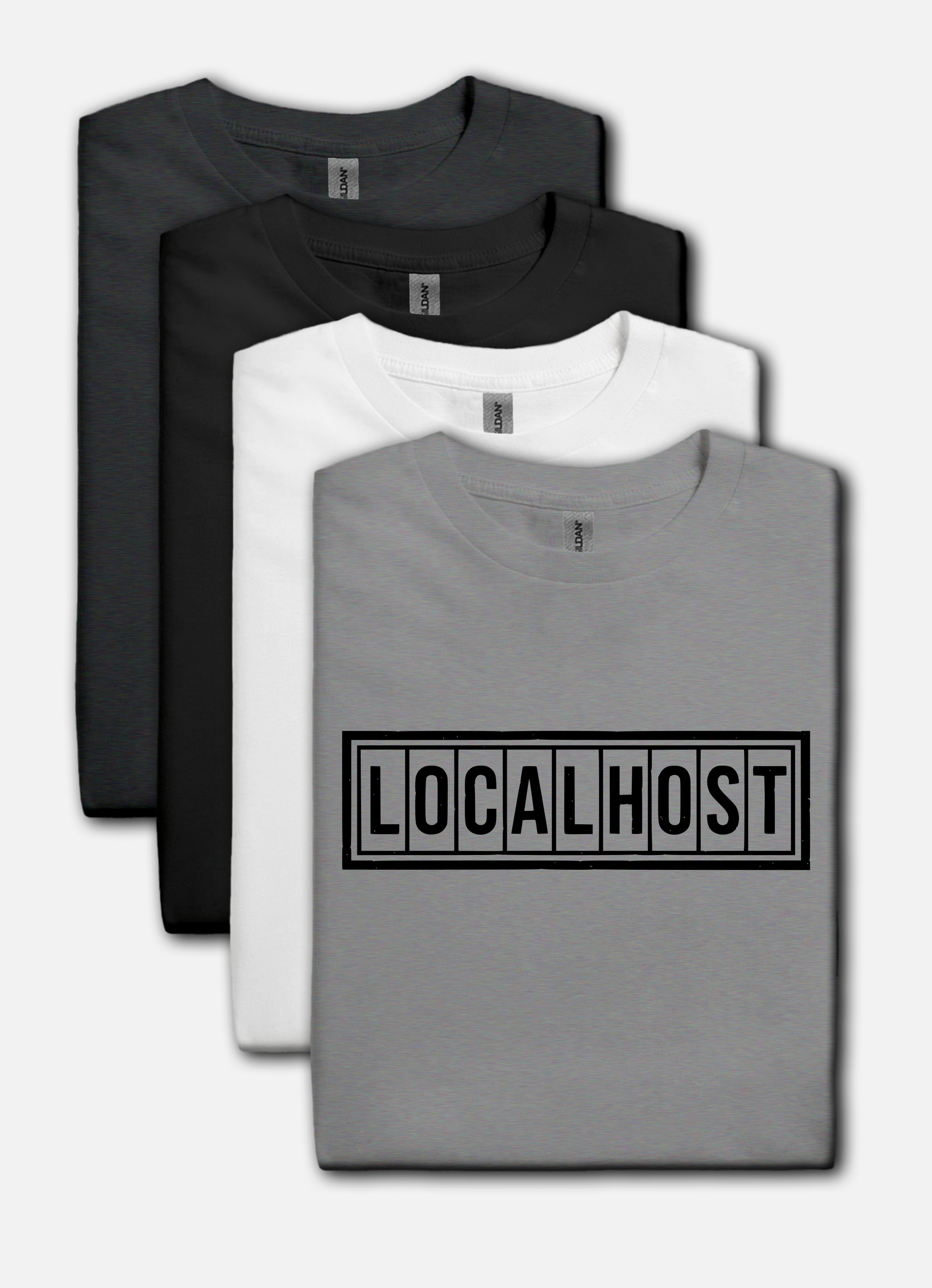 Sport gray tshirt with a black LOCALHOST box-logo styled like a vintage industrial label.