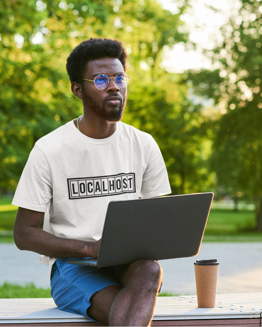 White tshirt with a black LOCALHOST box-logo styled like a vintage industrial label.