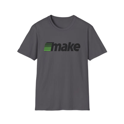 Charcoal t-shirt featuring a bold black MAKE wordmark with green speedline motif, inspired by the retro MECC logo behind The Oregon Trail.