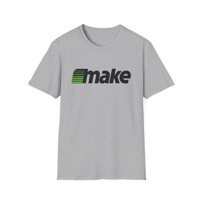 Sport gray t-shirt featuring a bold black MAKE wordmark with green speedline motif, inspired by the retro MECC logo behind The Oregon Trail.