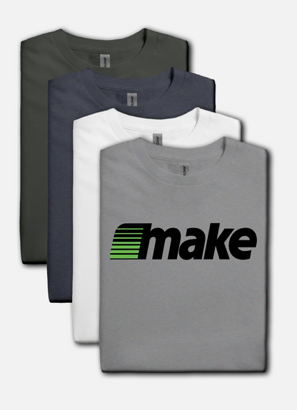 Sport gray t-shirt featuring a bold black MAKE wordmark with green speedline motif, inspired by the retro MECC logo behind The Oregon Trail.