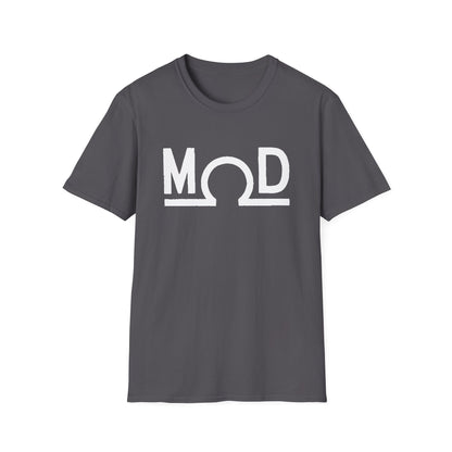 Charcoal t-shirt featuring a bold white “MOD” wordmark with the Ω (ohm) symbol as the “O” and a solid baseline