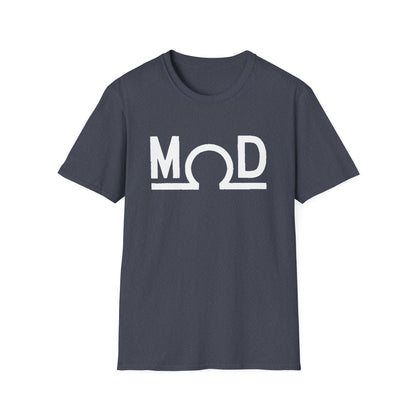 Heather navu t-shirt featuring a bold white “MOD” wordmark with the Ω (ohm) symbol as the “O” and a solid baseline