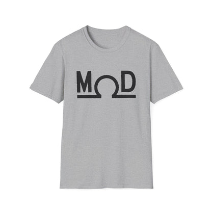 Sport gray t-shirt featuring a bold black “MOD” wordmark with the Ω (ohm) symbol as the “O” and a solid baseline