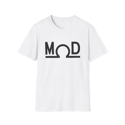 Whtie t-shirt featuring a bold black “MOD” wordmark with the Ω (ohm) symbol as the “O” and a solid baseline