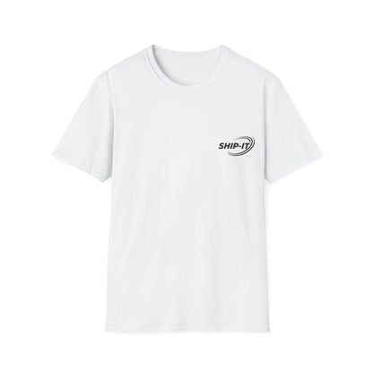 White t-shirt with 'SHIP-IT' logo on a white background