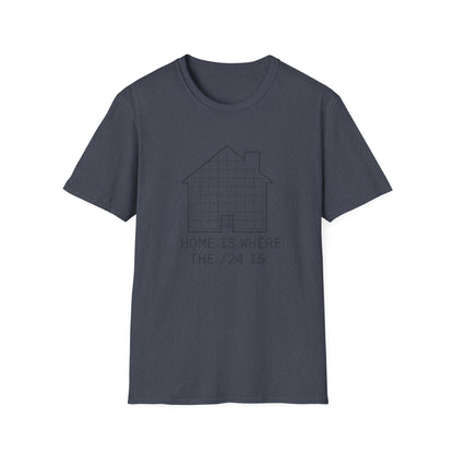 Heather navy coder shirt with subnet grid house design and monospaced slogan