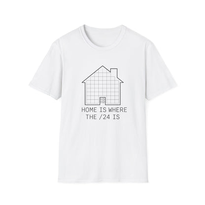 White coder shirt with subnet grid house design and monospaced slogan