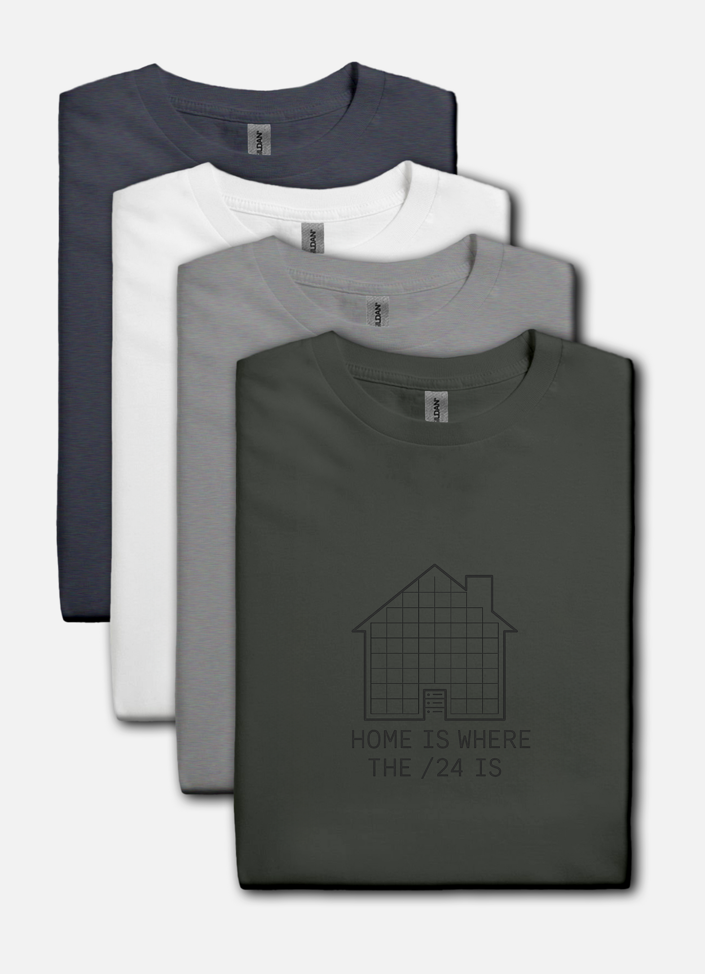 Homelab-inspired t-shirt in dark heather, house grid design with server rack