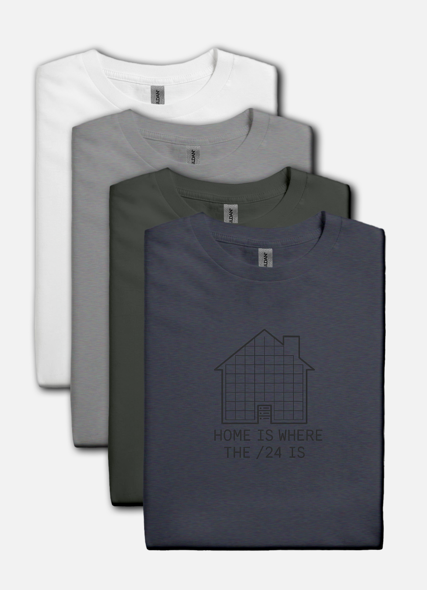 Homelab-inspired t-shirt in heather navy, house grid design with server rack