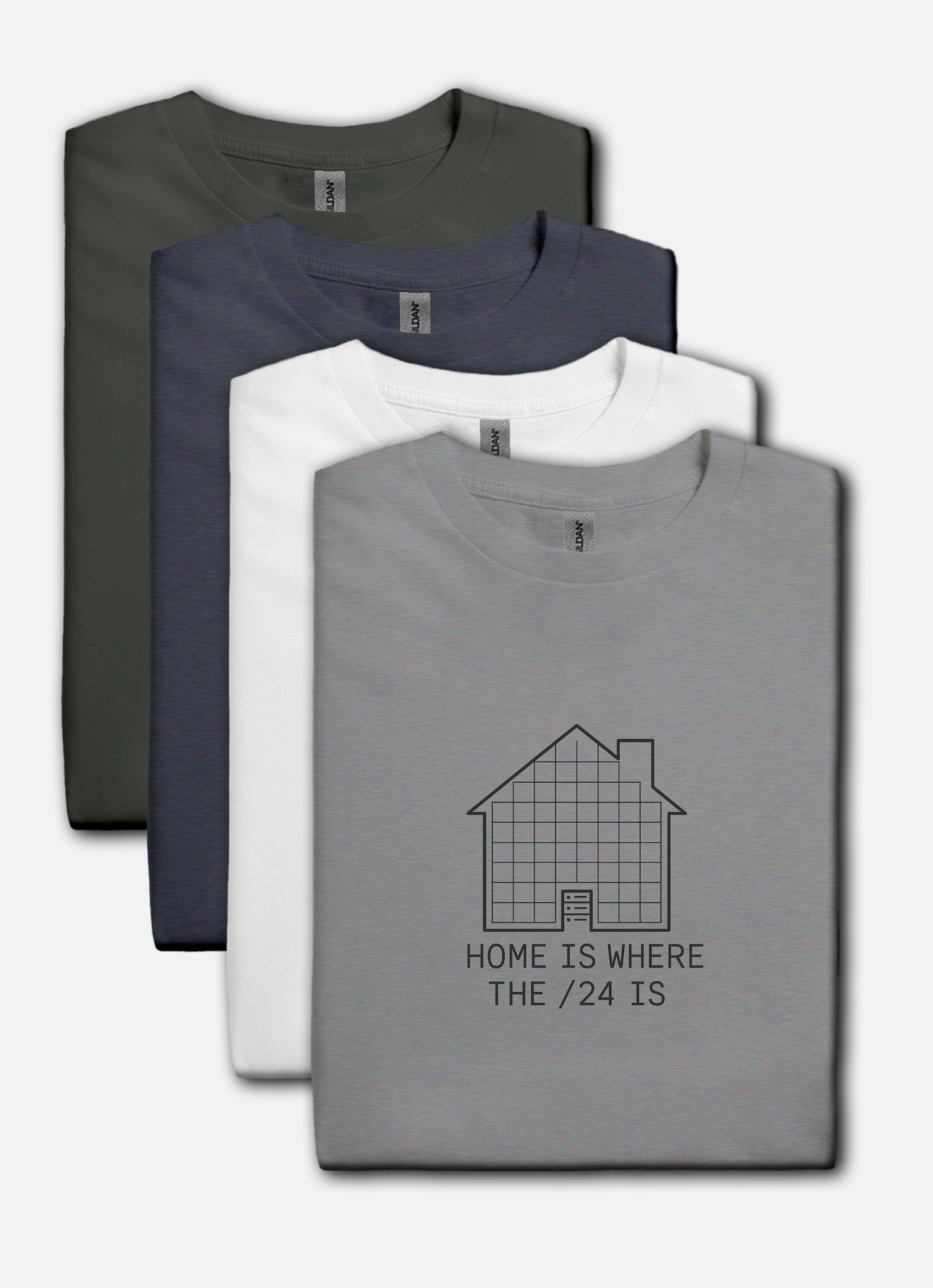Homelab-inspired t-shirt in sport grey, house grid design with server rack