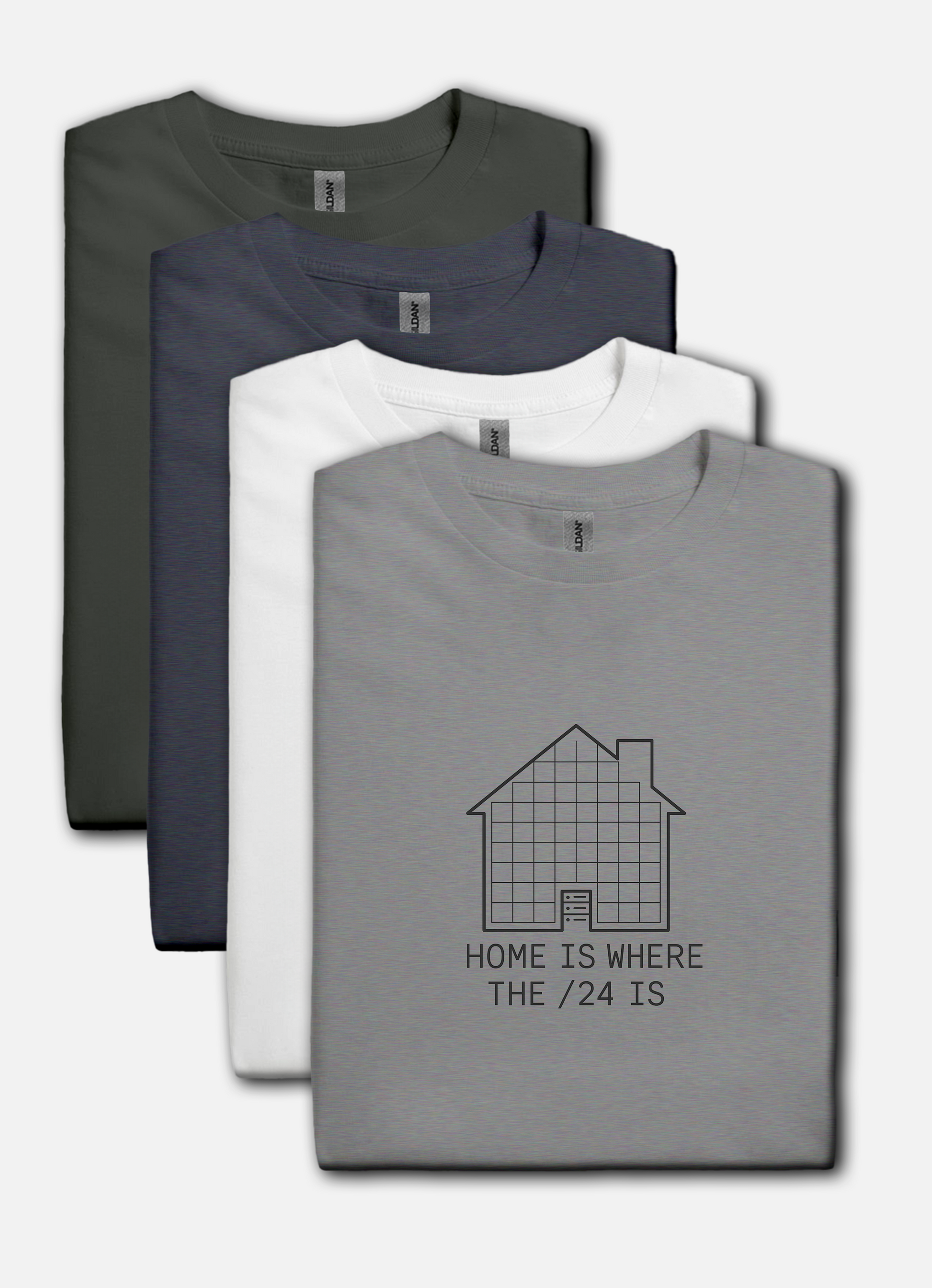 Homelab-inspired t-shirt in sport grey, house grid design with server rack