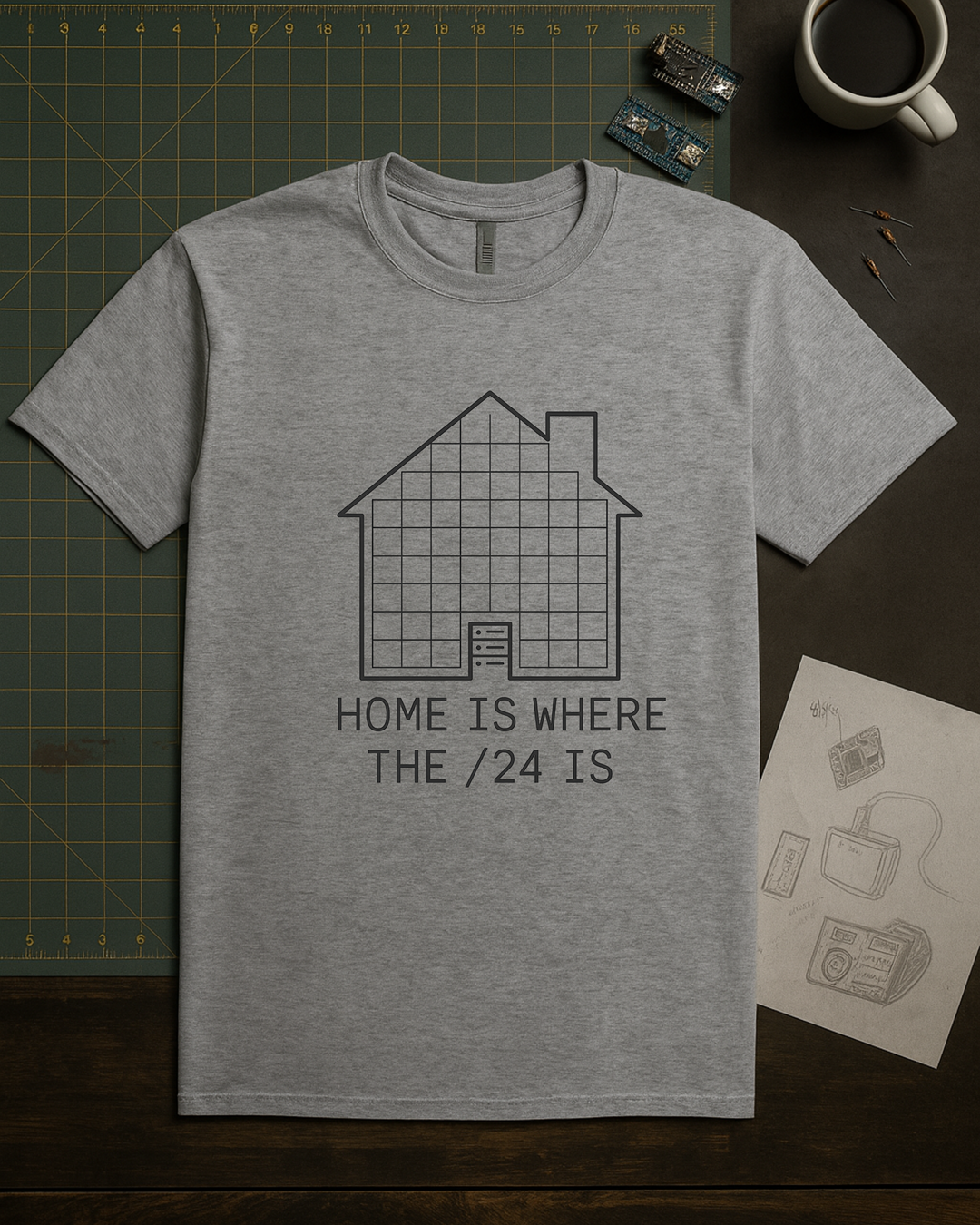 Network admin graphic tee featuring house, subnet lines, and server rack in basement